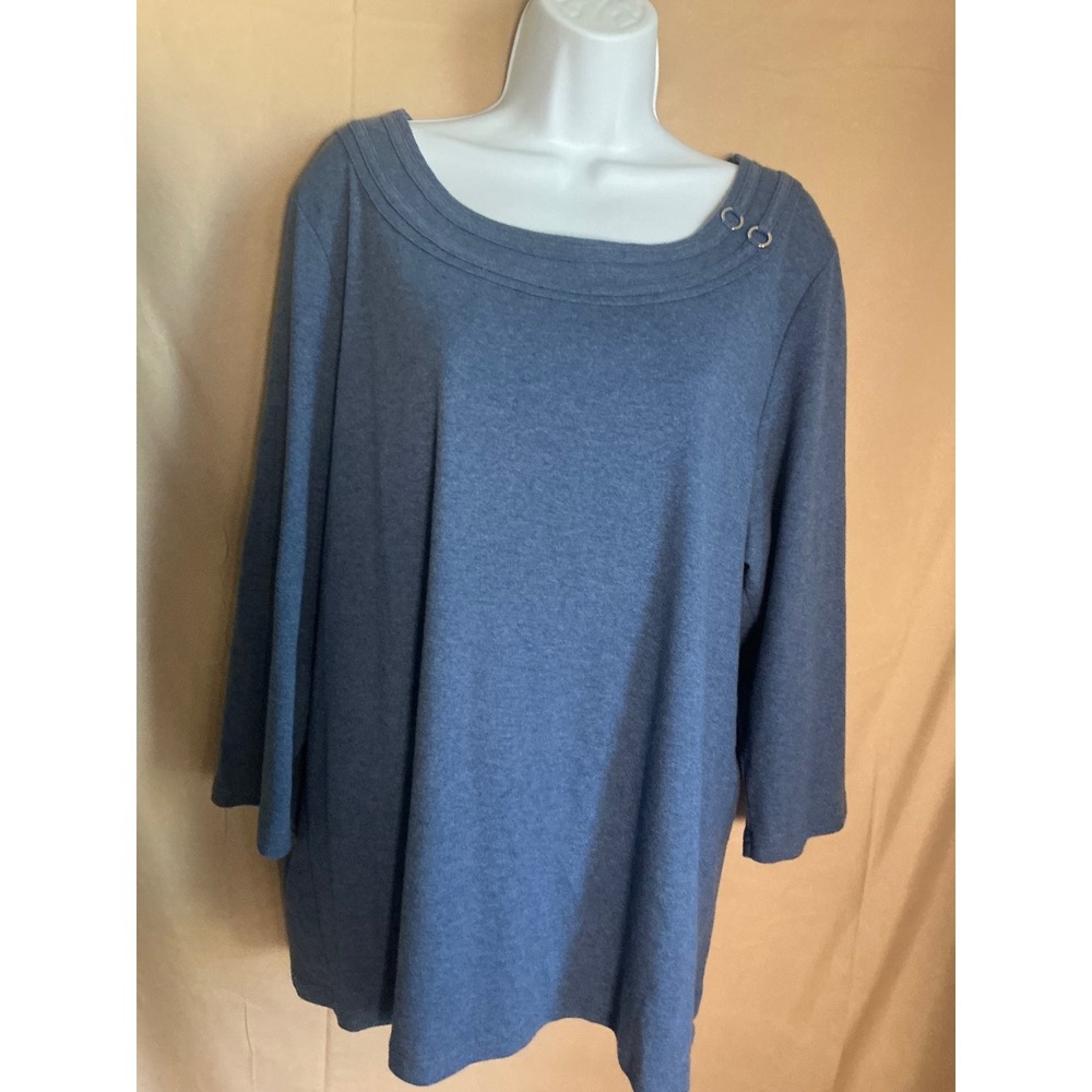 Karen Scott Top Woman 2X Blue Excellent 3/4 Sleeve Scoop Neck Ring Detail